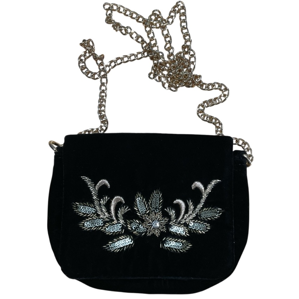 & Other Stories Black Velvet Embroidered Sequin Evening Cocktail Crossbody Bag